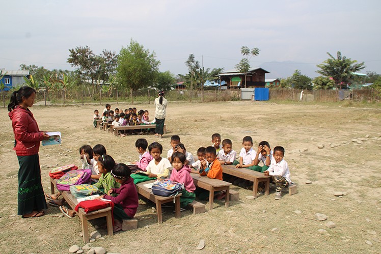 Children of a school class during outdoor lessons